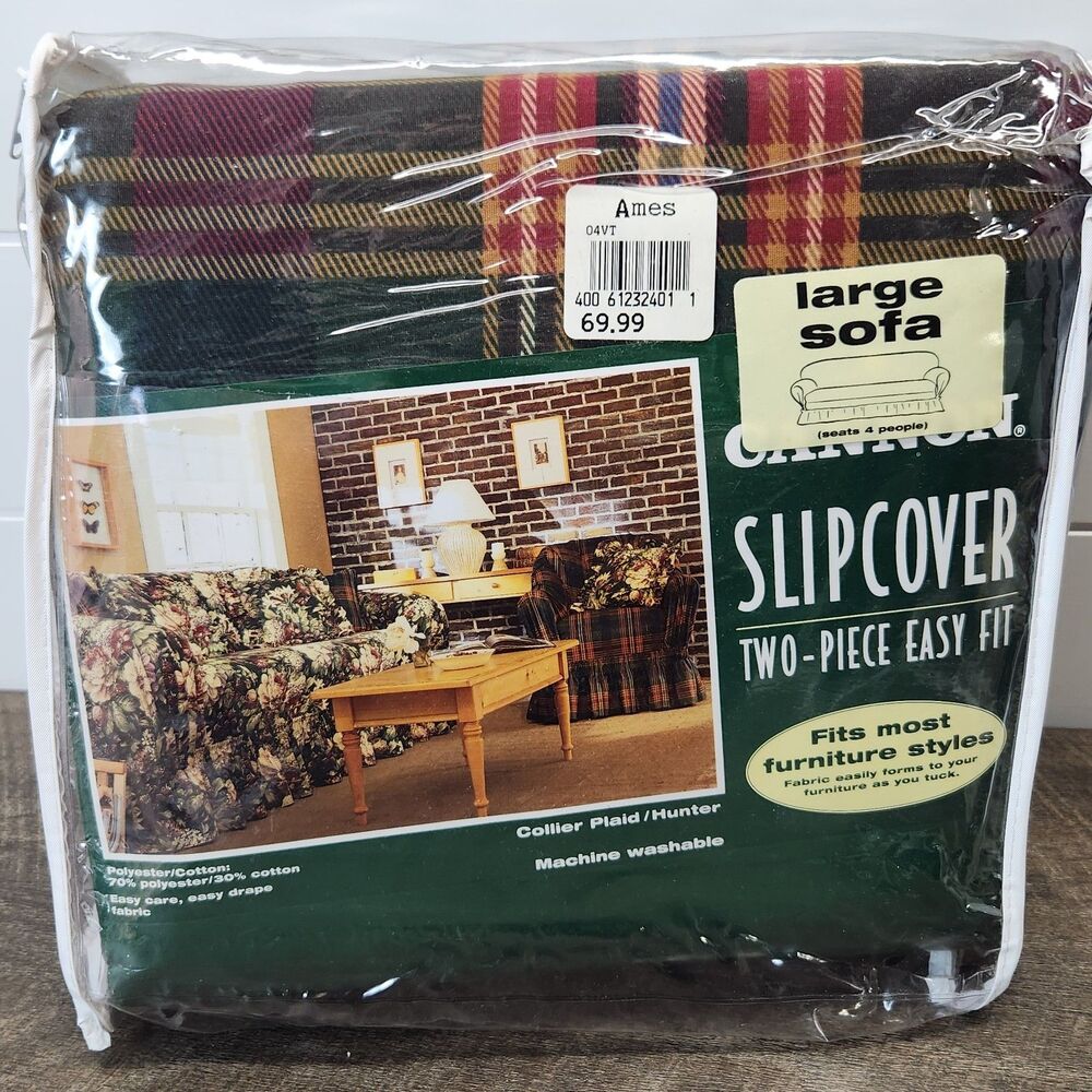Vintage Cannon Large Sofa Slip Cover Collier Plaid Hunter New 2 Piece Cabincore
